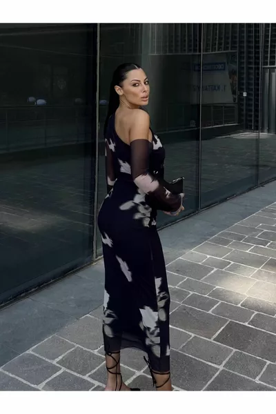 الموسم الجديد فستان تول منقوش بكتف واحد