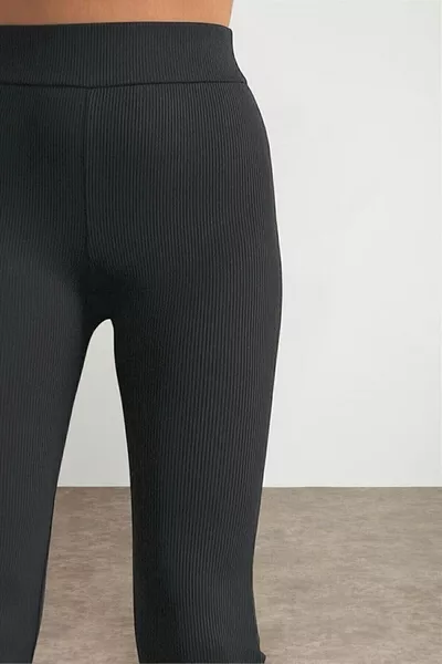 Women's Black Spanish Flared Ribbed High-Waist Leggings XL