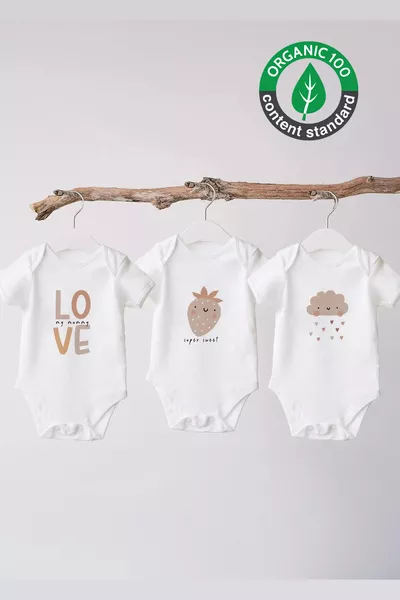 بدلة أطفال بأكمام قصيرة مصنوعة من القطن العضوي % مطبوعة بثلاث قطع