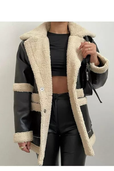 معطف نسائي عالي الجودة بتفاصيل من الفرو الأسود المخملي