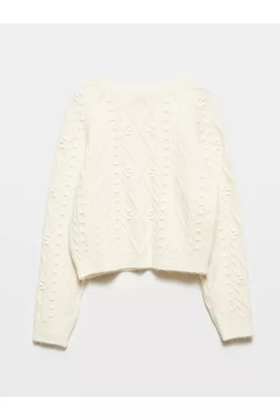  كنزة برقبة دائرية أمامية مزينة بالخرز - بلون عاجي