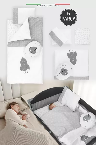 Set da gioco Life Space 6 pezzi con letto da parco per bambini e set letto grigio