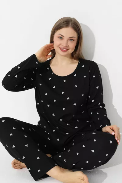 طقم بيجامة قطني بطبعة قلب أسود للنساء بمقاس كبير