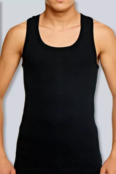 Canottiera maschile nera in cotone a costine, confezione da 6