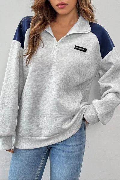 سويت شيرت فضفاض برقبة عالية للجنسين باللون الرمادي بثلاث خيوط مبطنة