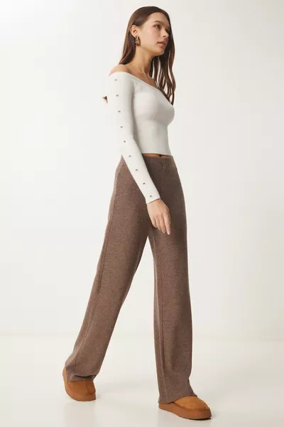 Pantaloni Comodi a Gamba Larga in Morbido Tessuto MARRONE 