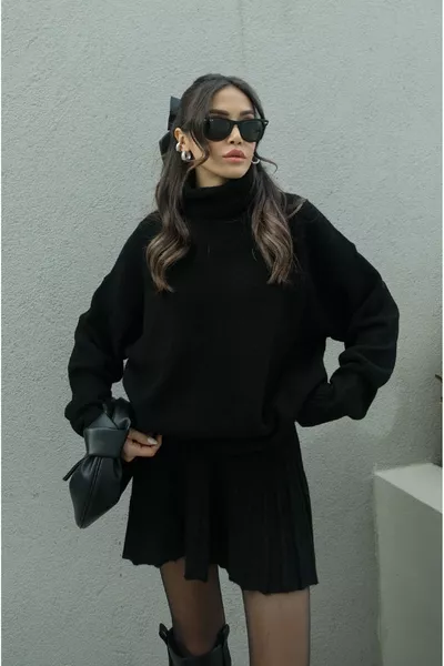 Black Pleated Mini Skirt Turtleneck Sweater Top and Bottom Premium Knit Set
