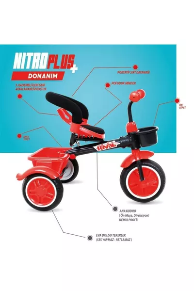 Nitro Plus 3-wielige kinderfiets met EVA-vulling, lekvrij en geluidloos, kindfiets rood