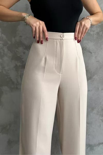 بنطال قماش كلاسيكي كريم للنساء بمقاس خصر مرتفع للموسم الجديد