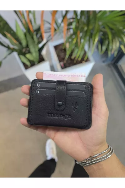 Естествена кожа портфейл с копче, акордеон стил с отделения за лични документи, персонализирана мъжка чанта ЧЕРНО