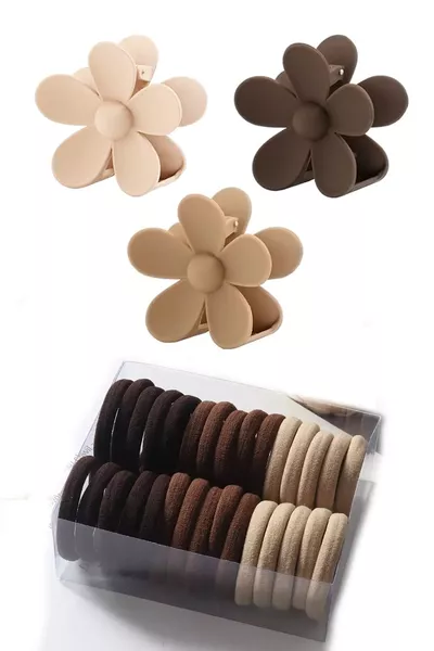 Set di 3 mollette XL da donna + elastici per capelli con caffè