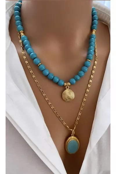 (DUBBEL) Natuurlijke Steen Blauwe Turkoois Firuze Steen Goud Vergulde Ketting Goud Verguld Lijst Damesketting