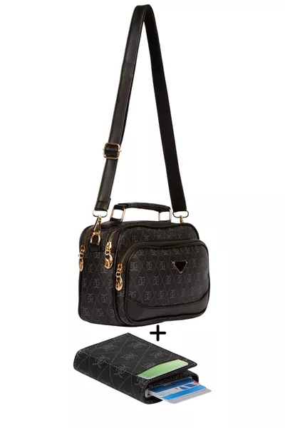 Women's Patterned Crossbody Hand and Shoulder Bag with Mechanism Wallet Set