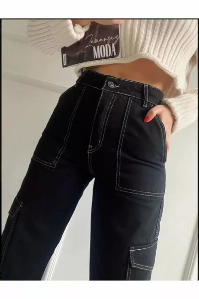 filles noir point inversé détaillé denim pantalon cargo jeans