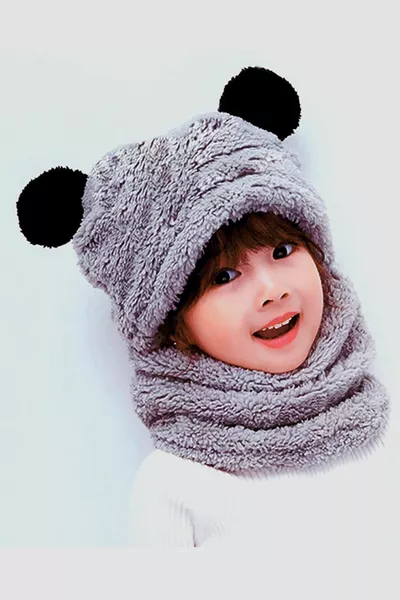 Panda Grijze Kinder Hoodie Plush Muts Sjaal Welsoft Nekwarmer Winddichte Muts met Oren