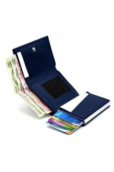 Portafoglio-portacarte unisex con divisorio per denaro, protezione RFID, chiusura a scatto e meccanismo automatico in alluminio