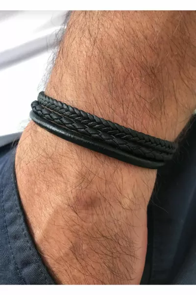 Браслет из черной плетеной кожи с 3 рядами