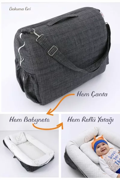 سرير ارتجاعي أصلي محمول مع حقيبة، وسادة، سرير صغير للأطفال، حقيبة الأم - رمادي منسوج