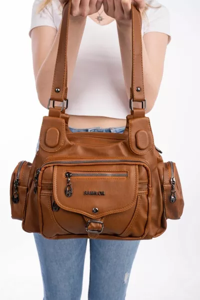 Women's Tan Multi-Pocket Shoulder and Arm Bag 
