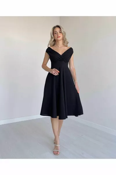 المرأة قصيرة الأكمام مزدوجة الصدر تنورة الياقة انتفخ اللباس كريب