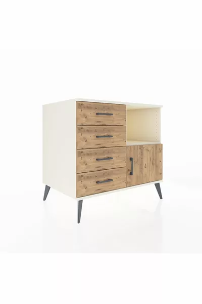 خزانة كرونوس مع رف واحد، 4 أدراج وباب واحد، لون حجر القمر والصنوبر