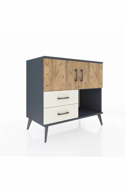 Hyperion Dresser with 2 Shelves, 2 Drawers, 2 Doors Anthracite-Pine/Travertine