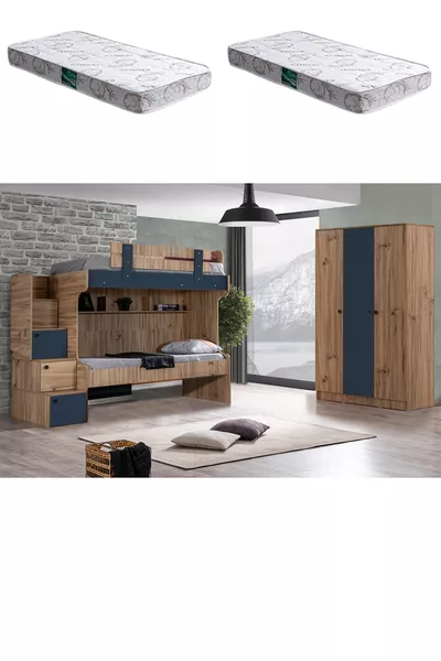 سرير طابقين، ريفا بسلم مزدوج + خزانة بثلاث أبواب + مرتبتان كومفورت