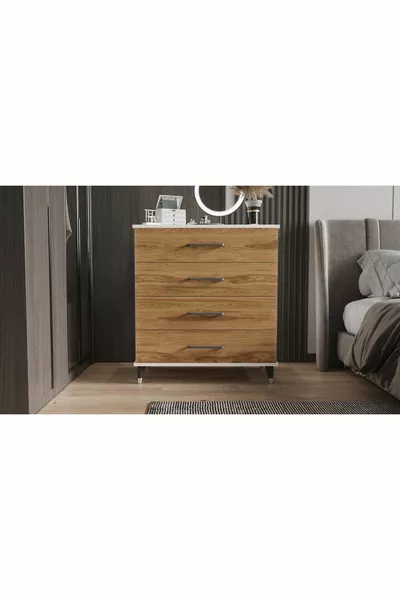 خزانة بأربعة أدراج (أبيض لامع + عود)