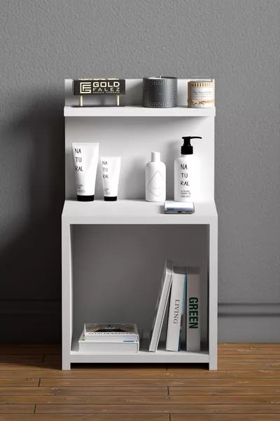 Модерен нощен шкаф с бели рафтове – ×× см странична и бюфетна масичка