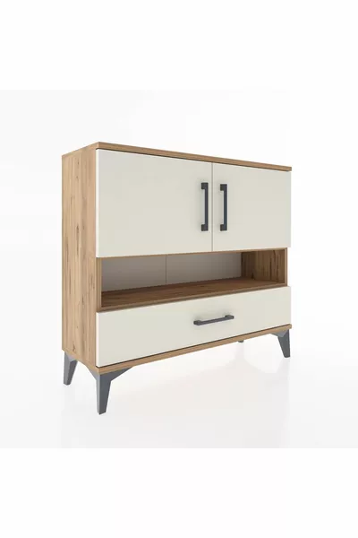 Arges Dresser with 3 Shelves, 1 Drawer, 2 Doors, Pine-Dark Oak