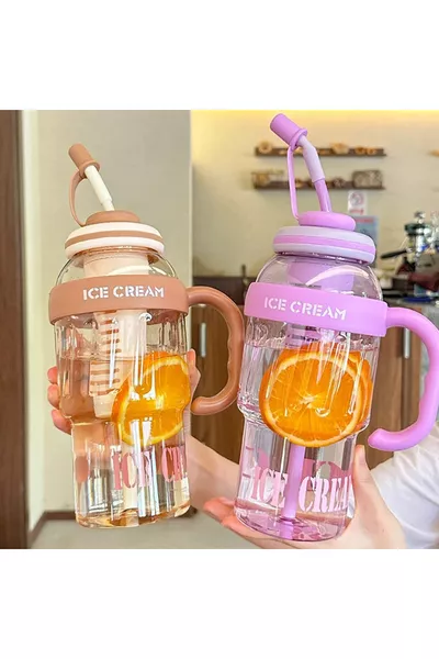 Ice Cream Water Bottle with Straw and Strainer, Detox Flask, Made of PP+PC and BPA Free