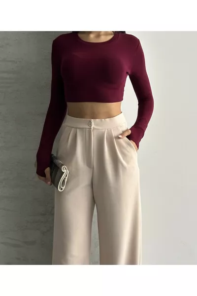 بنطال Palazzo نسائي بيج بطيات وخصر مرتفع قماش  ينفد