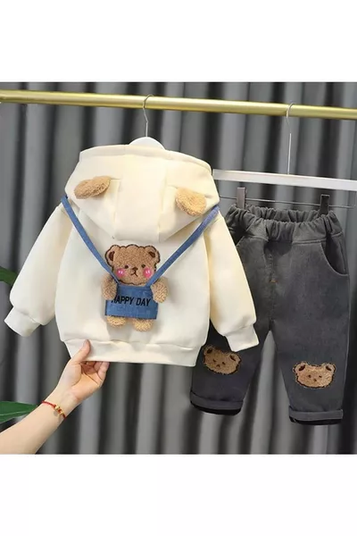 طقم أطفال أنيق مزين برسومات دب محشو وبه قبعة