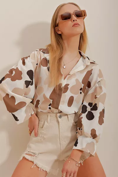 Dames Beige Prinses Etnisch Patroon Geplooide Linnen Geweven Blouse 