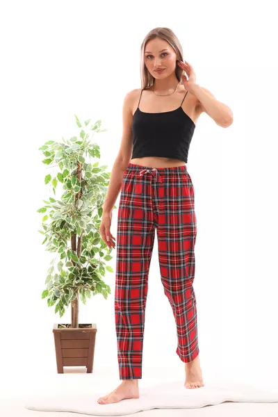Plaid Print Relaxed Unisex Pajama Bottoms Red-Blue
