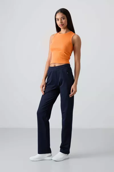 سروال رياضي نسائي مريح بجيب بسحّاب مخفي باللون النيلي وطراز كلاسيكي - 