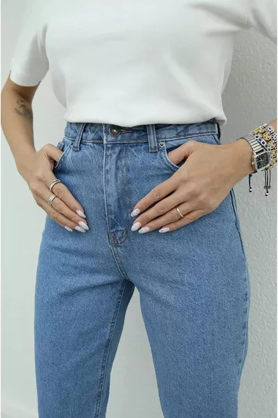 Jean mom bleu moyen Dlb Indigo à taille haute avec détails boyfriend