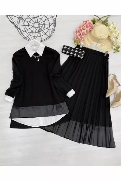 طقم بفستان بتفاصيل جلدية