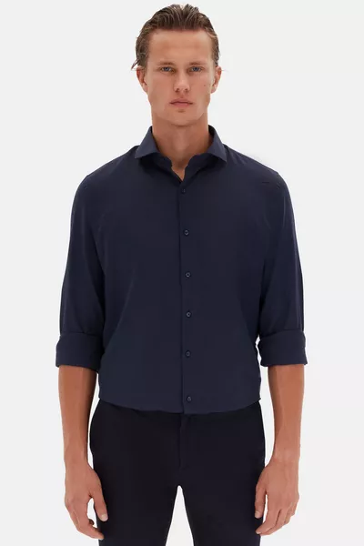 Ds دامات سليم فيت كحلي ياقة إيطالية منقوشة بأكمام طويلة سهل الكي وقابل للتنفس