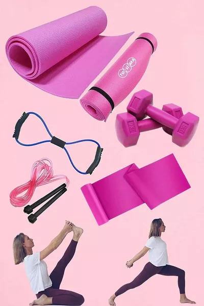 Set di tappetino Pilates da 7mm, elastico da resistenza Pilates e coppia di manubri da 1 kg, elastico ottagonale e corda per saltare