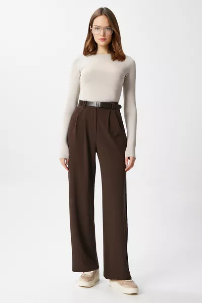 بنطال بالازو بني بليكر بخصر مطاطي للنساء من ريينا