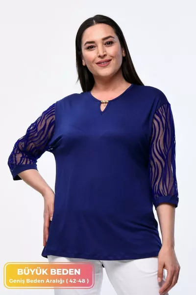 Plus Size New Season Short Sleeve Evening Dress Model with Lace Sleeves, All-Season Tulle Detailed Elegant Mother's Blouse