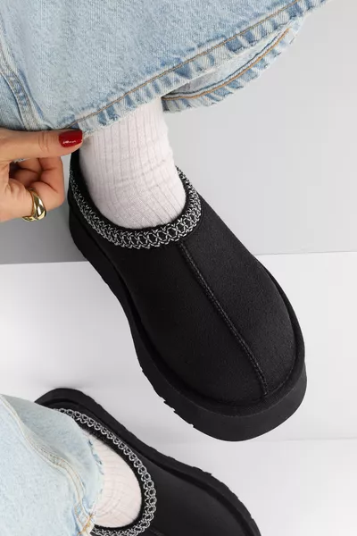 Kadın Uggps Siyah İçi Tüylü Kısa Süet Düz Terlik Siyah Tekstil