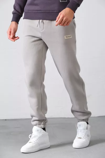 بنطال رياضي رجالي رمادي من قماش شاردن مع خيوط ثلاثية