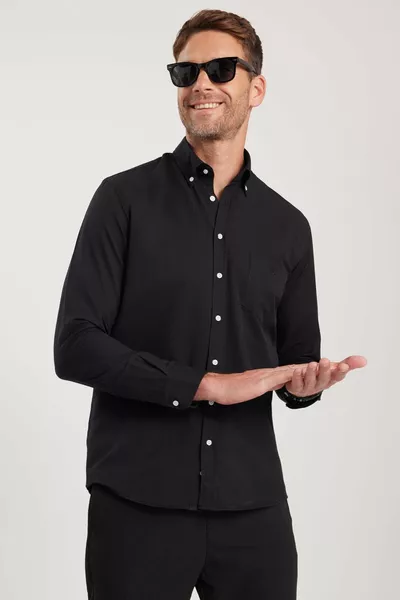 Men's Regular Fit Classic Cut Oxford Texture Collar Buttoned Pocket Embroidered Black Shirt