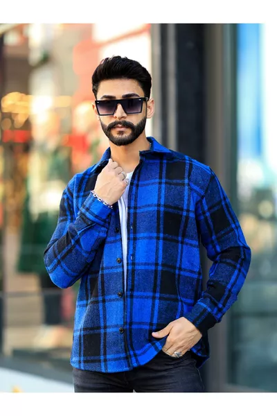 قميص الحطاب أزرق مخطط بالأسود مع ياقة عالية وأزرار