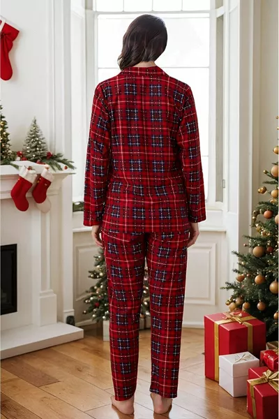 Women's Plaid Winter Button-Up Suede New Year Themed Christmas Pajama Set