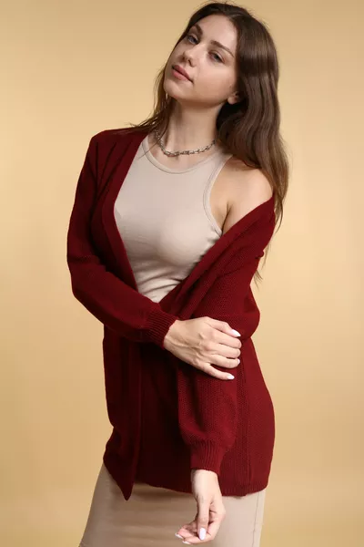 Cardigan en tricot saisonnier bordeaux pour femme