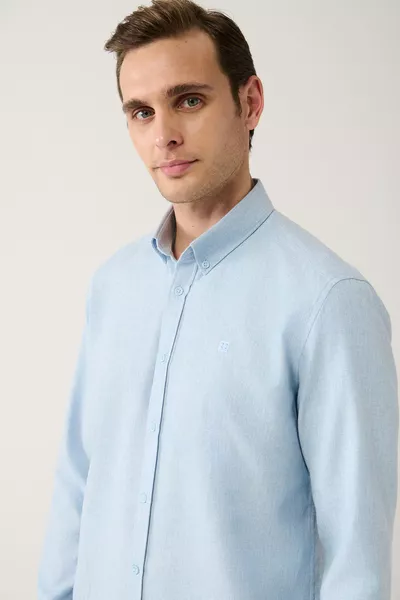 Erkek Açık Mavi Basic Düğmeli Yaka Pamuklu Gömlek 