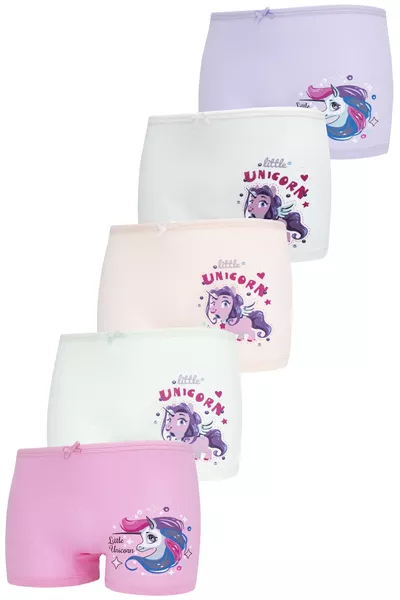 Girls' Boxer Pack Mixed Colors Unicorn Printed Boxer 5-Pack 
